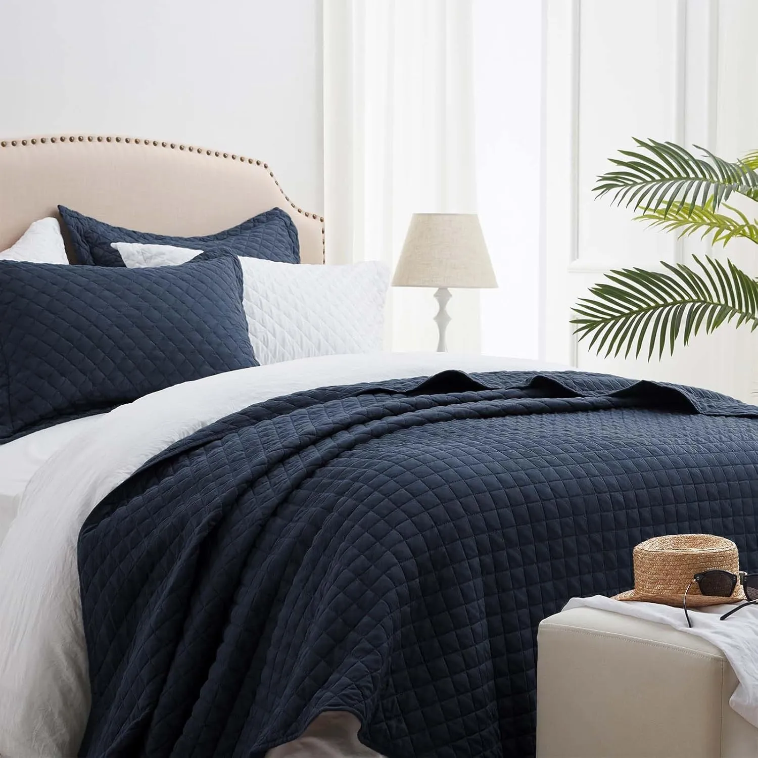 SunStyle Home Queen Quilt Bedding Set Navy, Lightweight Summer Bedspread Blanket Full Queen Size Quilt, Luxury Durable Quilted Stitching Coverlet with 2 Pillow Shams Diamond Pattern All Seasons 3pcs
