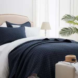SunStyle Home Queen Quilt Bedding Set Navy, Lightweight Summer Bedspread Blanket Full Queen Size Quilt, Luxury Durable Quilted Stitching Coverlet with 2 Pillow Shams Diamond Pattern All Seasons 3pcs