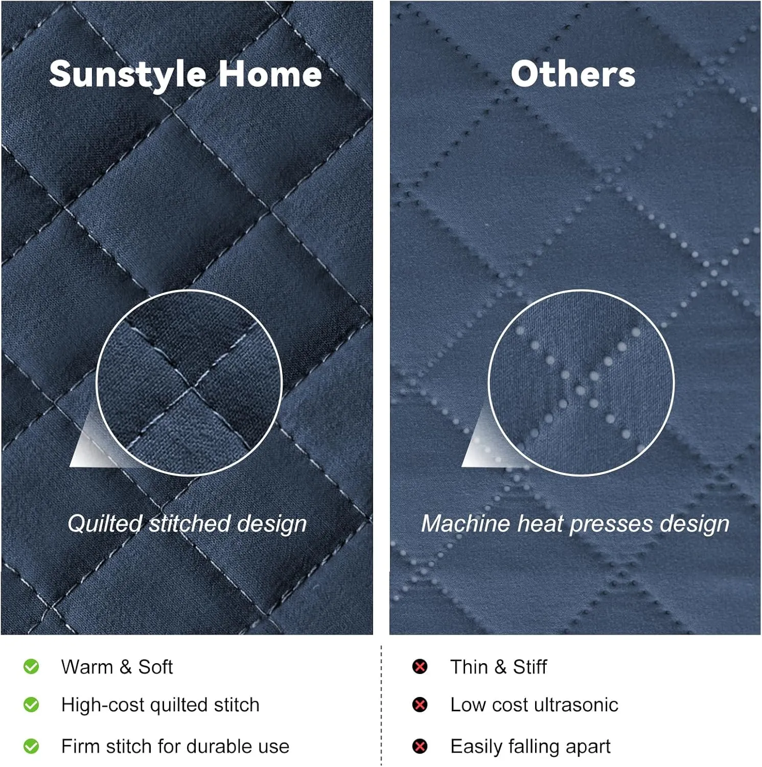 SunStyle Home Queen Quilt Bedding Set Navy, Lightweight Summer Bedspread Blanket Full Queen Size Quilt, Luxury Durable Quilted Stitching Coverlet with 2 Pillow Shams Diamond Pattern All Seasons 3pcs