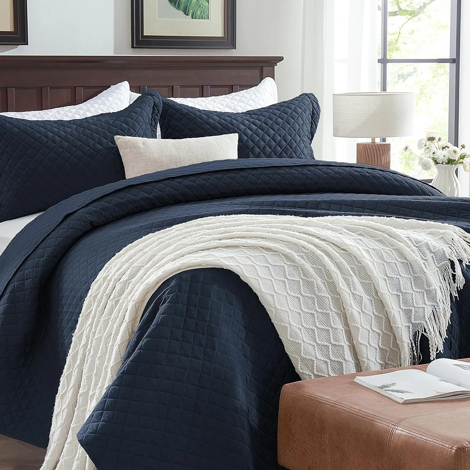 SunStyle Home Queen Quilt Bedding Set Navy, Lightweight Summer Bedspread Blanket Full Queen Size Quilt, Luxury Durable Quilted Stitching Coverlet with 2 Pillow Shams Diamond Pattern All Seasons 3pcs