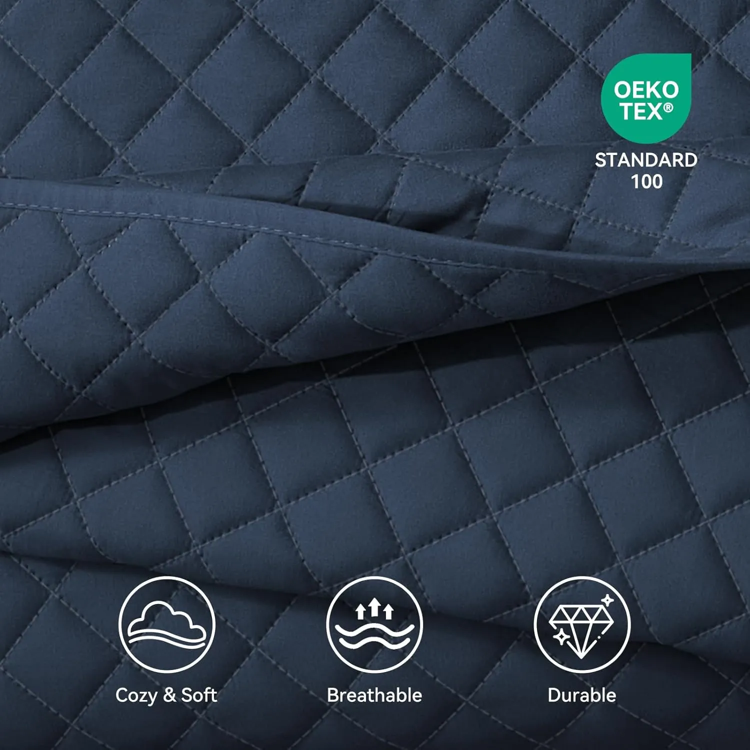 SunStyle Home Queen Quilt Bedding Set Navy, Lightweight Summer Bedspread Blanket Full Queen Size Quilt, Luxury Durable Quilted Stitching Coverlet with 2 Pillow Shams Diamond Pattern All Seasons 3pcs