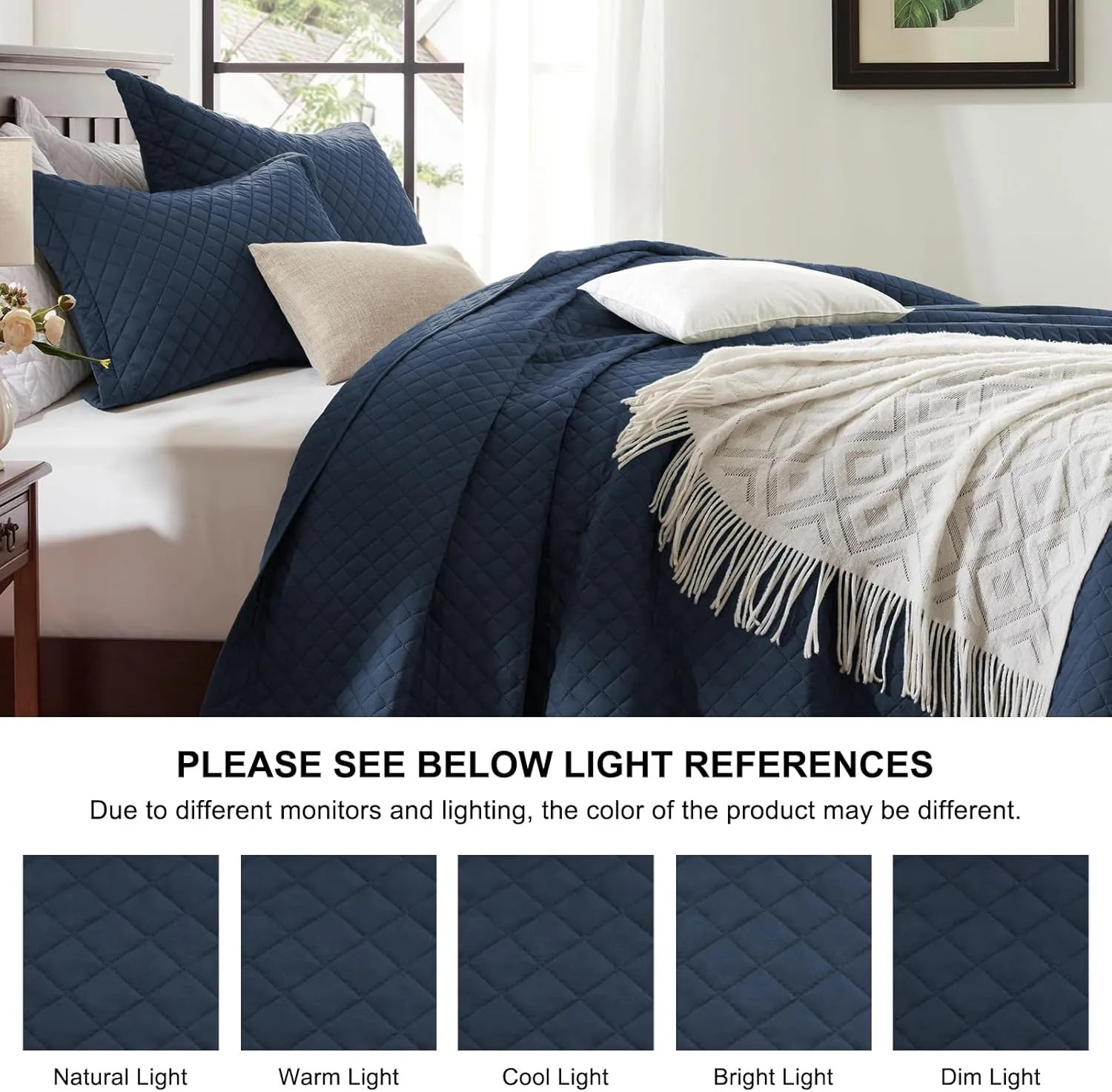 SunStyle Home Queen Quilt Bedding Set Navy, Lightweight Summer Bedspread Blanket Full Queen Size Quilt, Luxury Durable Quilted Stitching Coverlet with 2 Pillow Shams Diamond Pattern All Seasons 3pcs
