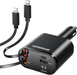 SUPERONE 4-in-1 Car Charger with Retractable Apple Cords, USB C Charger Car Adapter Compatible with iPhone 15/14/13/12/11 Pro Max Samsung Android Phones