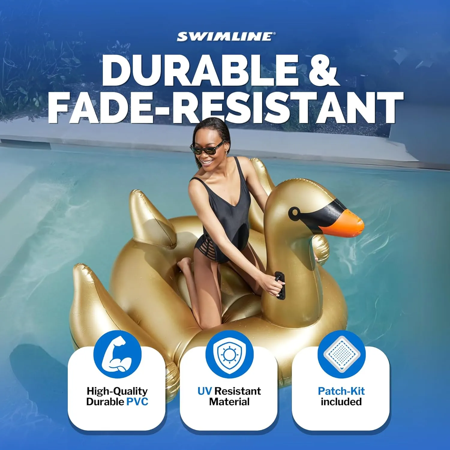 SWIMLINE ORIGINAL 90701 Inflatable Golden Goose Pool Float | Luxury Ride-On Raft with Stable Wings & Legs |Lounge Floatie Great for Poolside Lounging & Summer Fun
