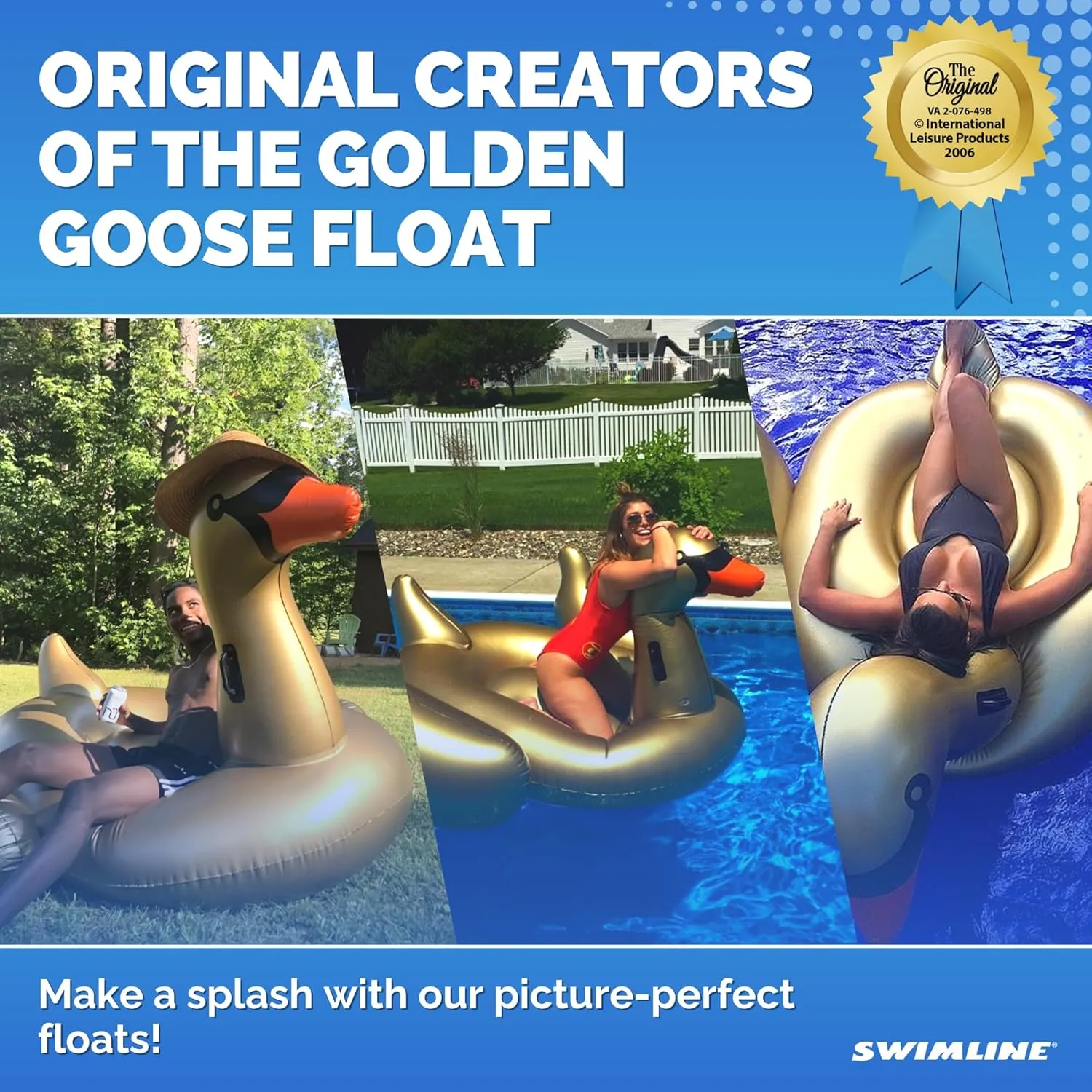SWIMLINE ORIGINAL 90701 Inflatable Golden Goose Pool Float | Luxury Ride-On Raft with Stable Wings & Legs |Lounge Floatie Great for Poolside Lounging & Summer Fun