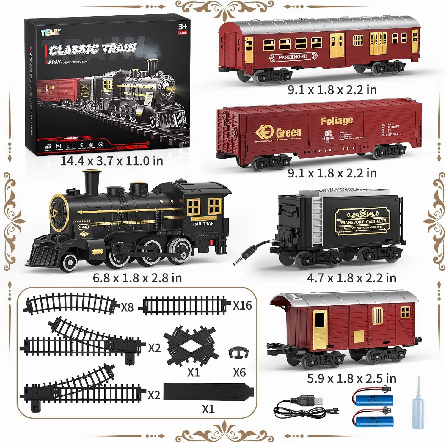 TEMI Train Set for Kids 3-12 Years, Electric Classical Steam Engine Locomotive with Steam, Light and Sounds, Rechargeable Model Trains Kit Toys w/Passenger Carriage for Boys and Girls
