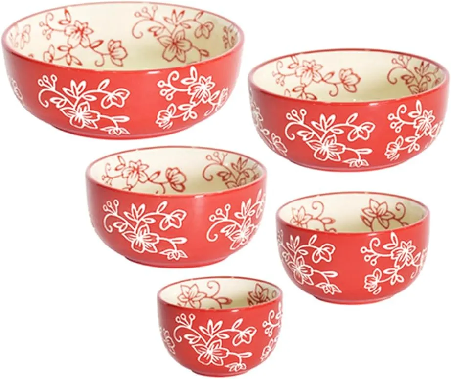 Temp-Tations Set of 5 Ceramic Dipping Bowls, Red Floral Lace - Small Sauce Cups for Soy Sauce, Dessert, or Salsa, Mini Serving Bowls and Charcuterie Boards Accessories, Nesting Oven Safe Baking Dishes