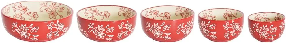 Temp-Tations Set of 5 Ceramic Dipping Bowls, Red Floral Lace - Small Sauce Cups for Soy Sauce, Dessert, or Salsa, Mini Serving Bowls and Charcuterie Boards Accessories, Nesting Oven Safe Baking Dishes