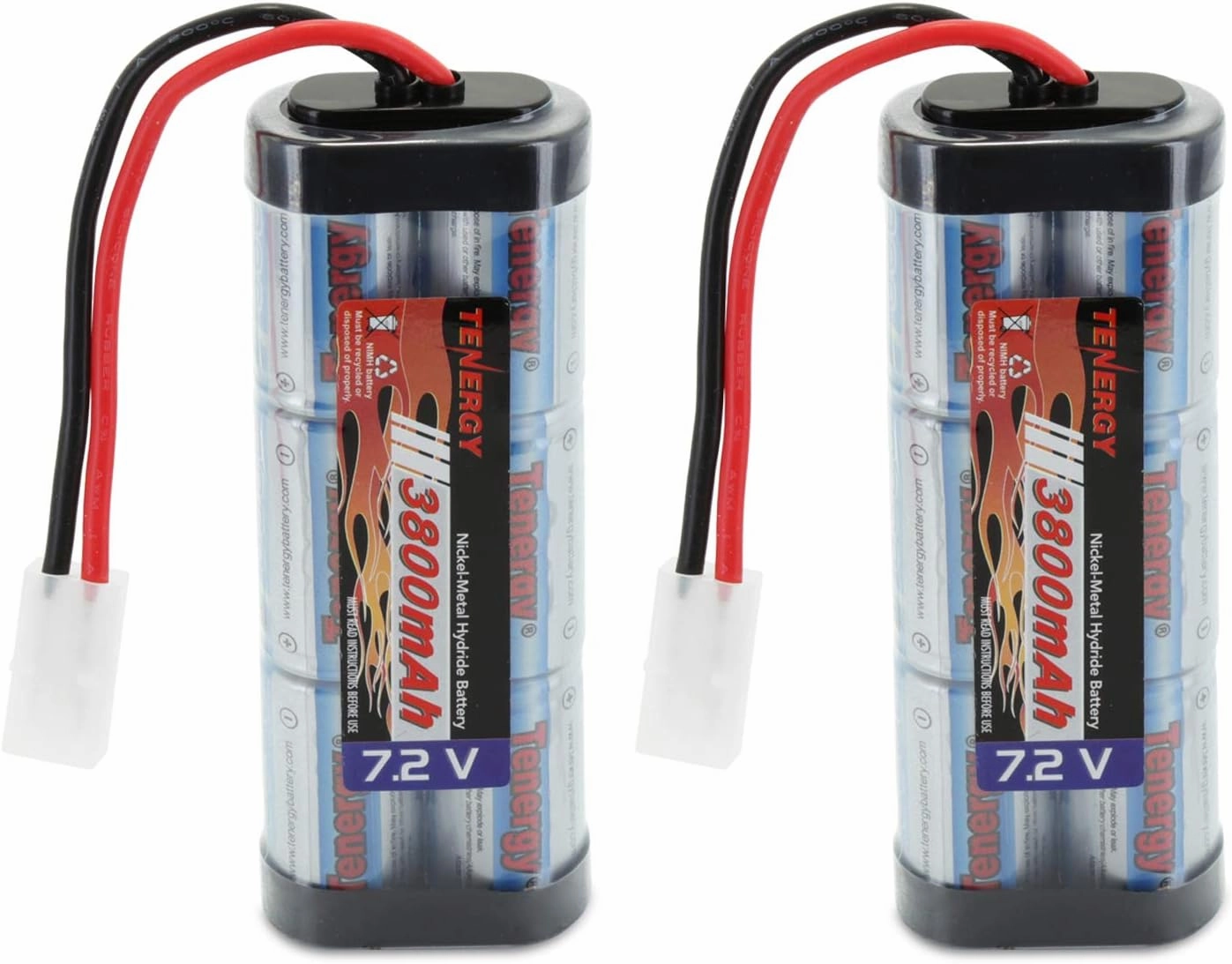Tenergy 7.2V Battery Pack for RC Car, High Capacity 6-Cell 3800mAh NiMH Flat Battery Pack, Replacement Hobby Battery with Standard Tamiya Connector, 2-Pack