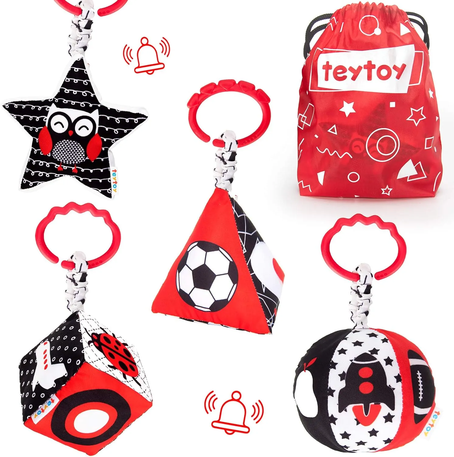 teytoy High Contrast Baby Stroller Toy, Black and White Infant Pattern Toys with Rattle, Easy Clip Hanging Toys, Stroller Crib Carseat Toy, Newborn Baby Toys for 0 3 6 9 12 Month