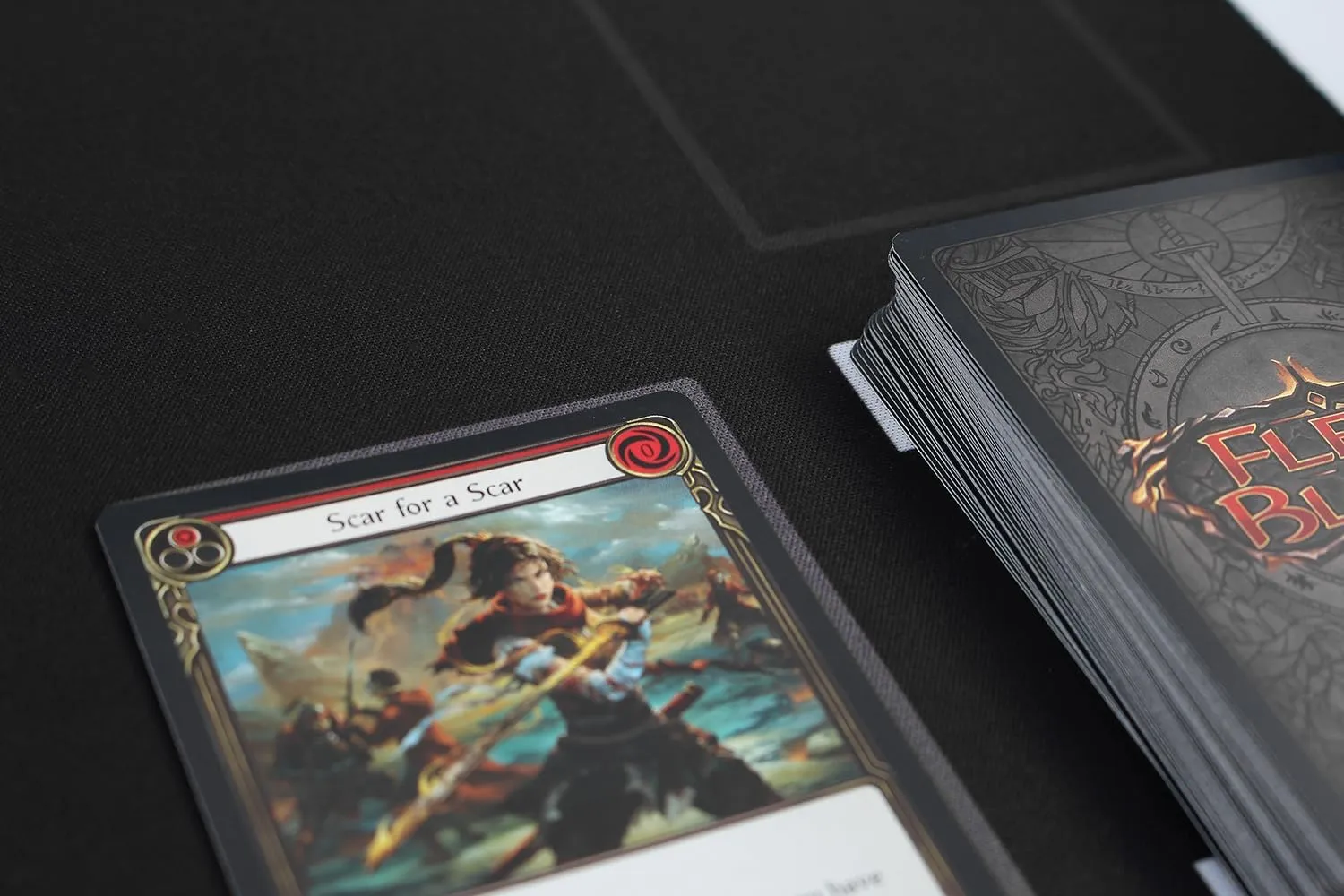 The Gaming Mat Company Single Player Compatible Flesh and Blood Playmat. Large 28.35" x 14.17" x 0.08" with Red Rubber Base for Flesh & Blood TCG Cards with Zones. Deluxe Waterproof FAB TCG Card Mat
