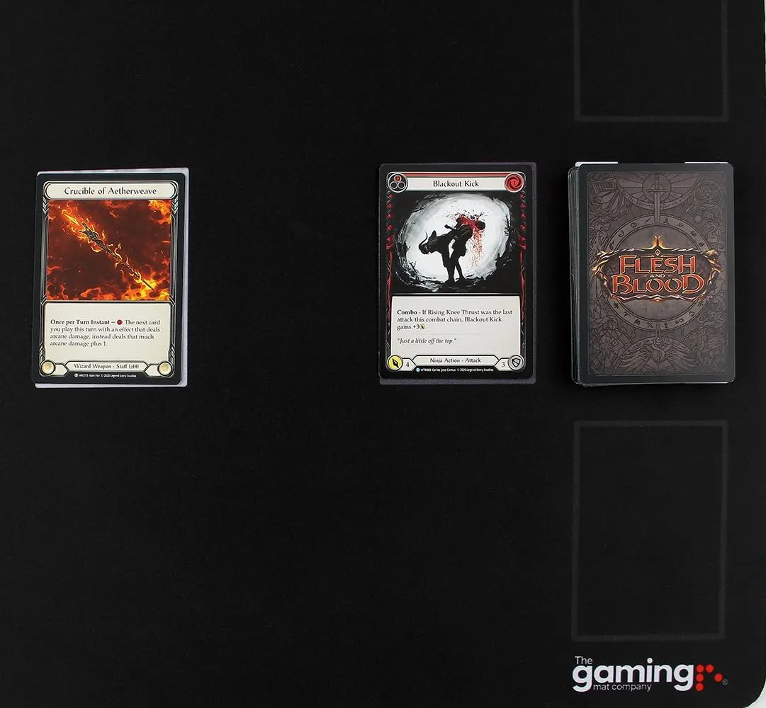 The Gaming Mat Company Single Player Compatible Flesh and Blood Playmat. Large 28.35" x 14.17" x 0.08" with Red Rubber Base for Flesh & Blood TCG Cards with Zones. Deluxe Waterproof FAB TCG Card Mat