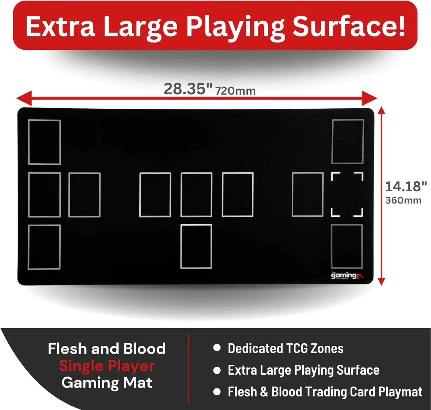 The Gaming Mat Company Single Player Compatible Flesh and Blood Playmat. Large 28.35" x 14.17" x 0.08" with Red Rubber Base for Flesh & Blood TCG Cards with Zones. Deluxe Waterproof FAB TCG Card Mat