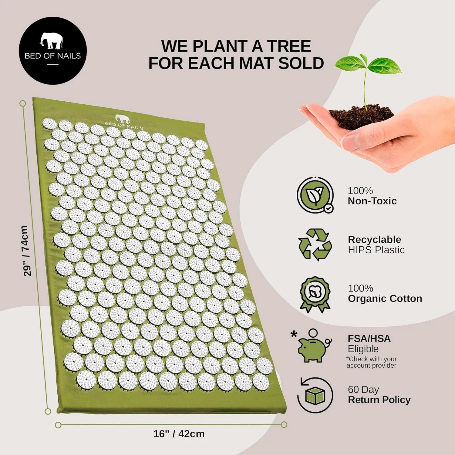 The Original Premium Acupressure Mat, 8,820 Acupuncture Pressure Points for Back Pain Relief, Increased Energy, Relaxation, FSA/HSA Eligible, with Drawstring Bag, 29 x 16 x 1, Green