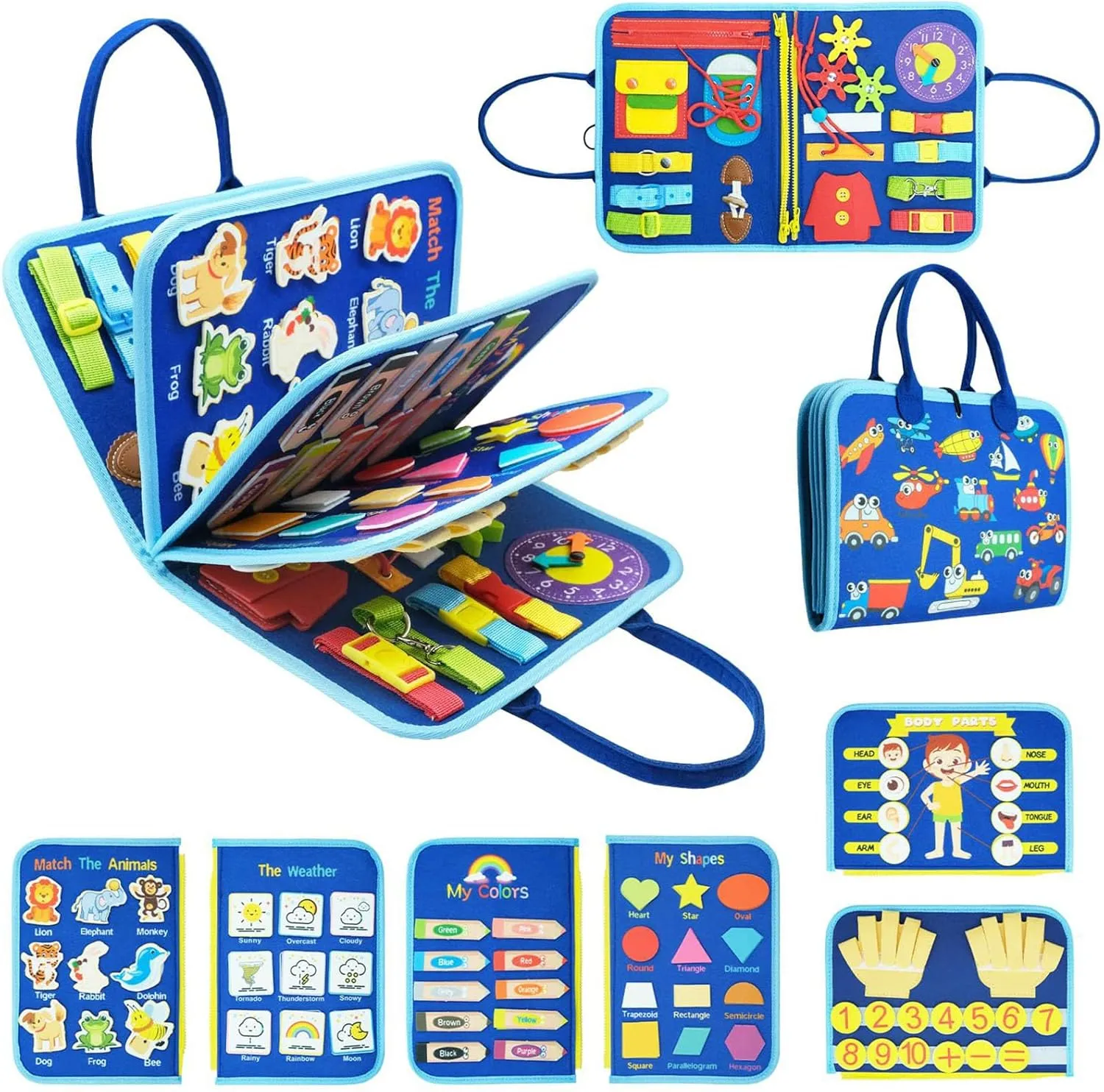 Tibatoes Toddler Montessori Play Board, Tibatoes Montessori Busy Board, Busy Boards Montessori Book for Long Car Rides and Summer Trips Boys Girls (Blue-C)