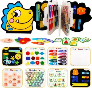 Toddler Dinosaur Learning Busy Board - Interactive Sensory Toy with Fine Motor Skills Activities, Travel-Friendly Educational Toy for Plane & Car Trips, Birthday Gift for Boys & Girls Ages 1-4