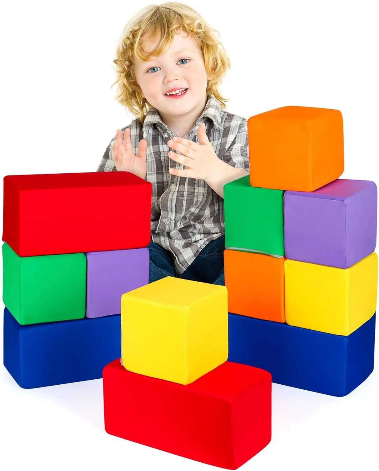 Toddler Foam Buliding Blocks - 12 Piece Fabric Covered in 2 Sizes Stacking Block Sets - Colourful Soft Play Set for Kids Idea for Building and Throwing Fun