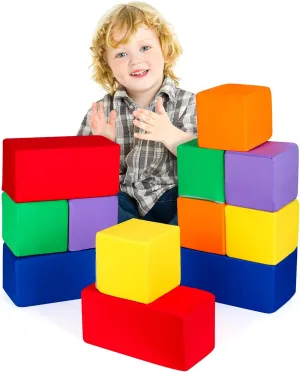 Toddler Foam Buliding Blocks - 12 Piece Fabric Covered in 2 Sizes Stacking Block Sets - Colourful Soft Play Set for Kids Idea for Building and Throwing Fun