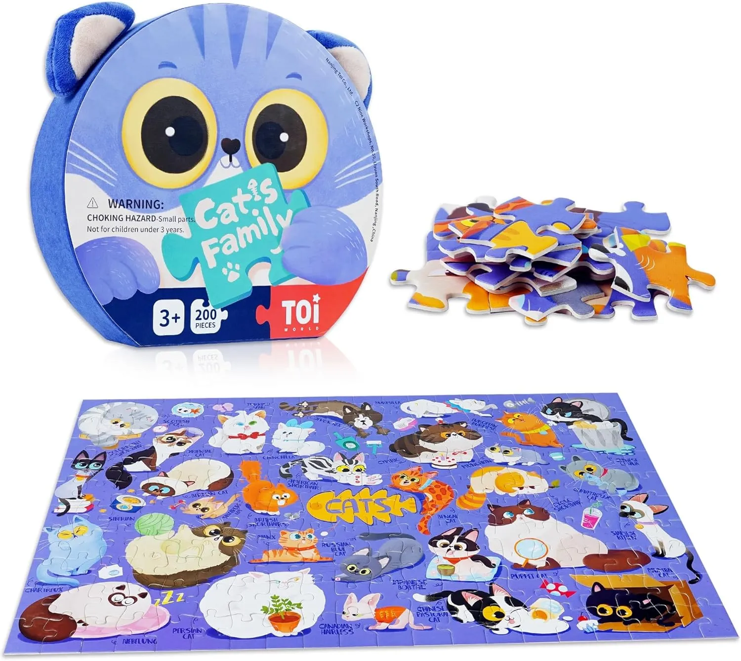 TOI Cat's Family Puzzle for Kids Ages 3-5, 200 Pieces Cats Jigsaw Puzzles for Toddlers with Cat-Shaped Gift Box, Preschool Learning Game for Boys & Girls
