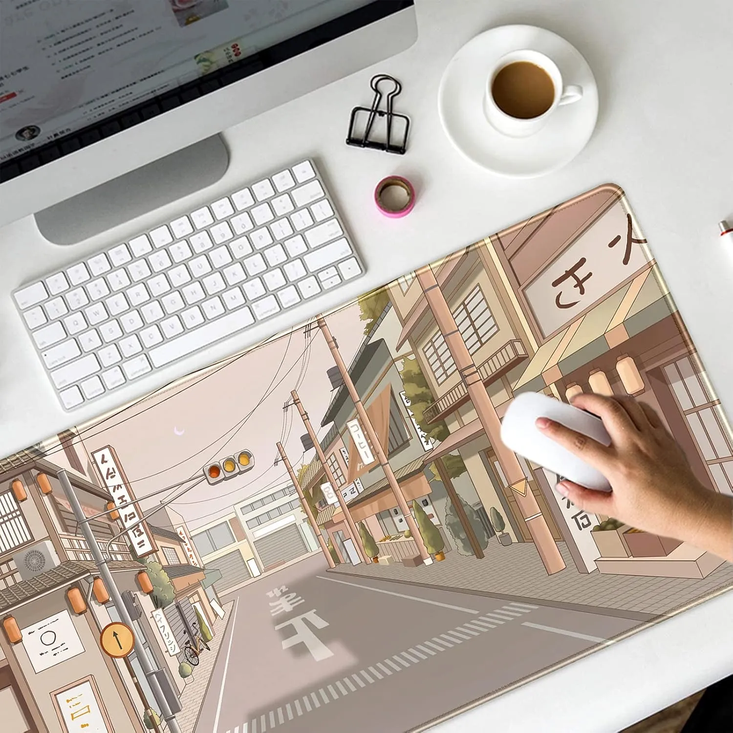Tokyo Street Desk Mat Anime Japanese Mouse Pad XL Kawaii Large Gaming Mousepad XXL Beige Cute Desktop Mat Laptop Keyboard Mouse Mat Desk Pad Big 31.5''x15.7'' with Stitched Edges Non-Slip Rubber Base