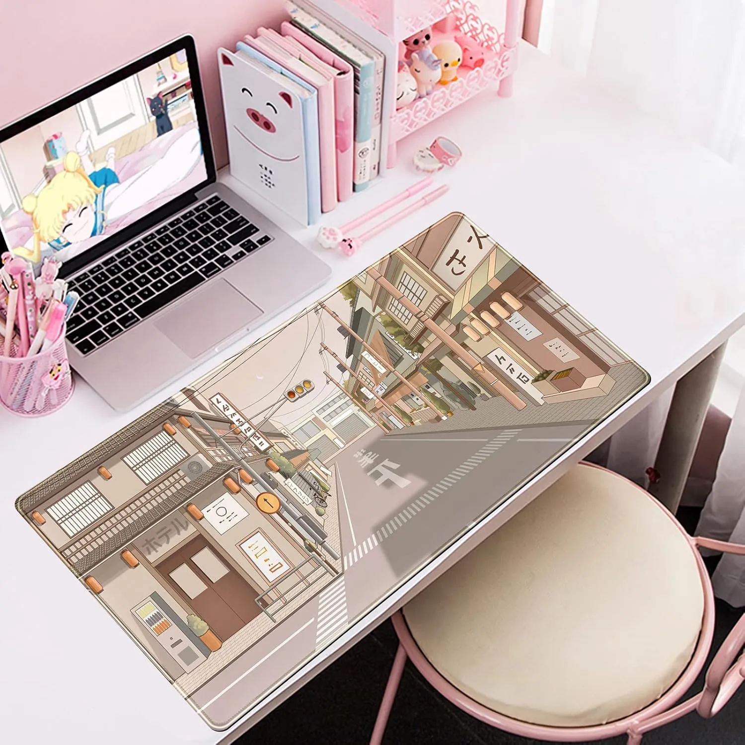 Tokyo Street Desk Mat Anime Japanese Mouse Pad XL Kawaii Large Gaming Mousepad XXL Beige Cute Desktop Mat Laptop Keyboard Mouse Mat Desk Pad Big 31.5''x15.7'' with Stitched Edges Non-Slip Rubber Base