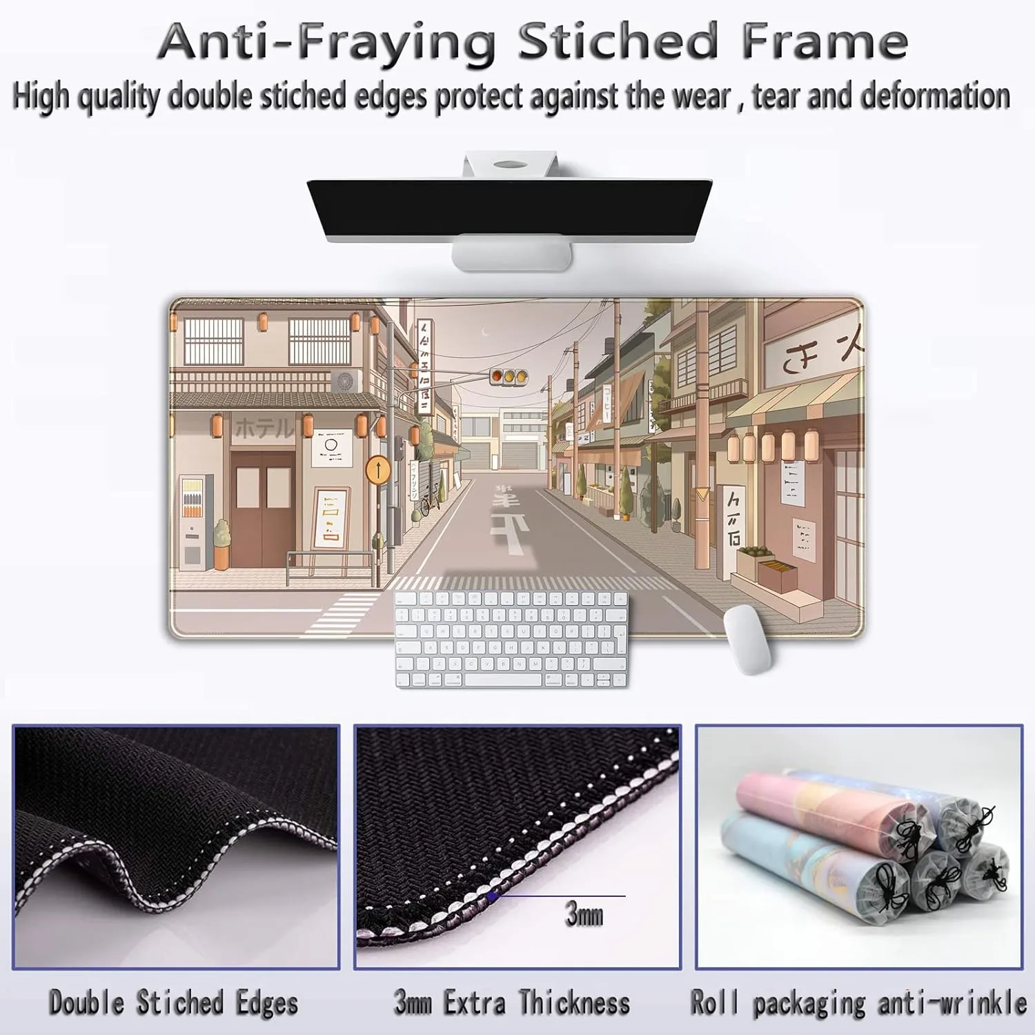 Tokyo Street Desk Mat Anime Japanese Mouse Pad XL Kawaii Large Gaming Mousepad XXL Beige Cute Desktop Mat Laptop Keyboard Mouse Mat Desk Pad Big 31.5''x15.7'' with Stitched Edges Non-Slip Rubber Base