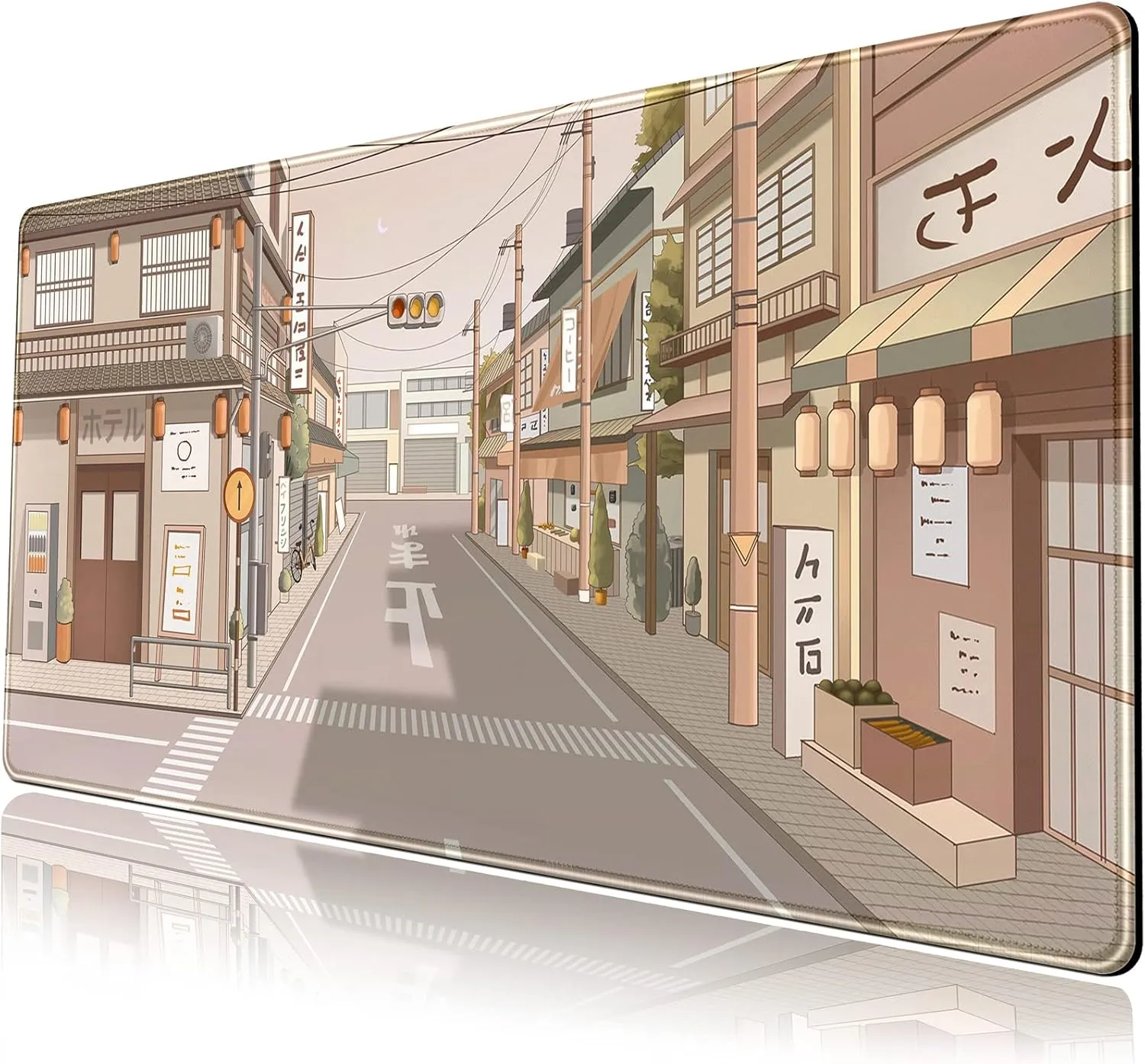 Tokyo Street Desk Mat Anime Japanese Mouse Pad XL Kawaii Large Gaming Mousepad XXL Beige Cute Desktop Mat Laptop Keyboard Mouse Mat Desk Pad Big 31.5''x15.7'' with Stitched Edges Non-Slip Rubber Base