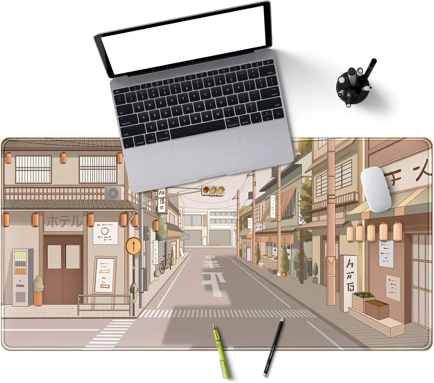Tokyo Street Desk Mat Anime Japanese Mouse Pad XL Kawaii Large Gaming Mousepad XXL Beige Cute Desktop Mat Laptop Keyboard Mouse Mat Desk Pad Big 31.5''x15.7'' with Stitched Edges Non-Slip Rubber Base