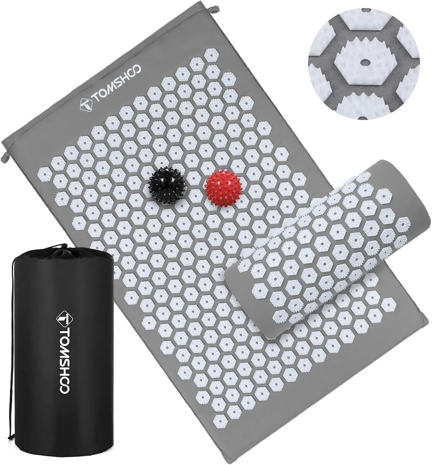 TOMSHOO Acupressure Set, Acupressure Mat and Pillow with 2pcs Massage Balls- Pain Relief Therapy Muscle Back Neck with Travel Bag for Men and Women