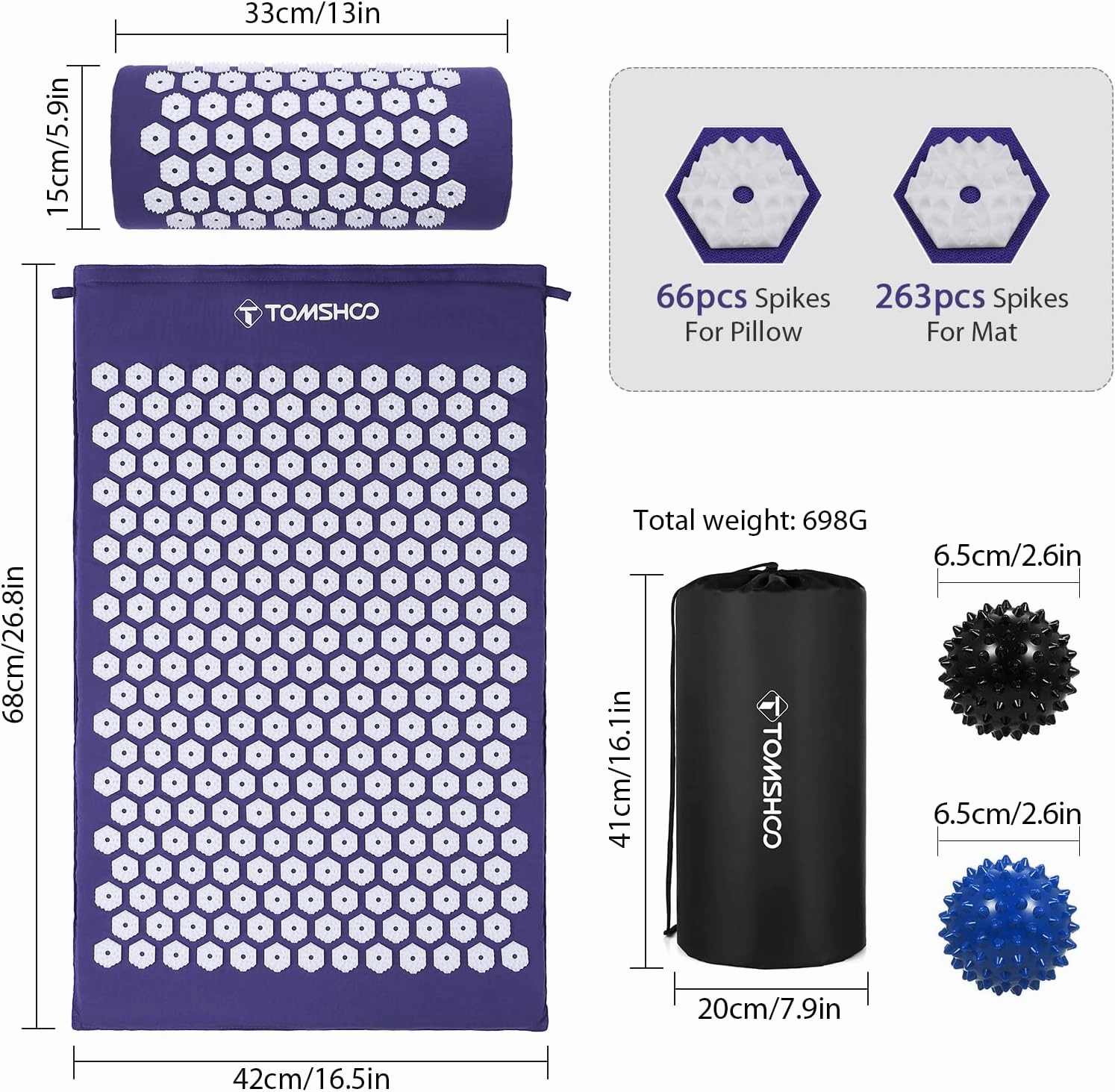 TOMSHOO Acupressure Set, Acupressure Mat and Pillow with 2pcs Massage Balls- Pain Relief Therapy Muscle Back Neck with Travel Bag for Men and Women