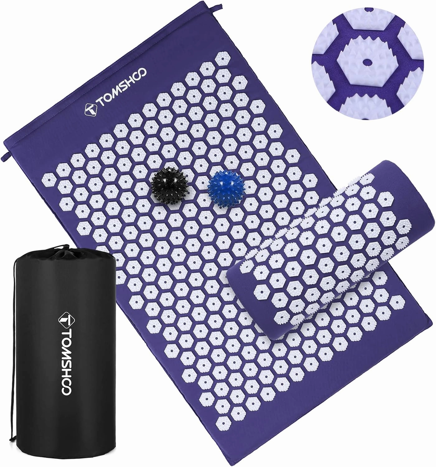 TOMSHOO Acupressure Set, Acupressure Mat and Pillow with 2pcs Massage Balls- Pain Relief Therapy Muscle Back Neck with Travel Bag for Men and Women