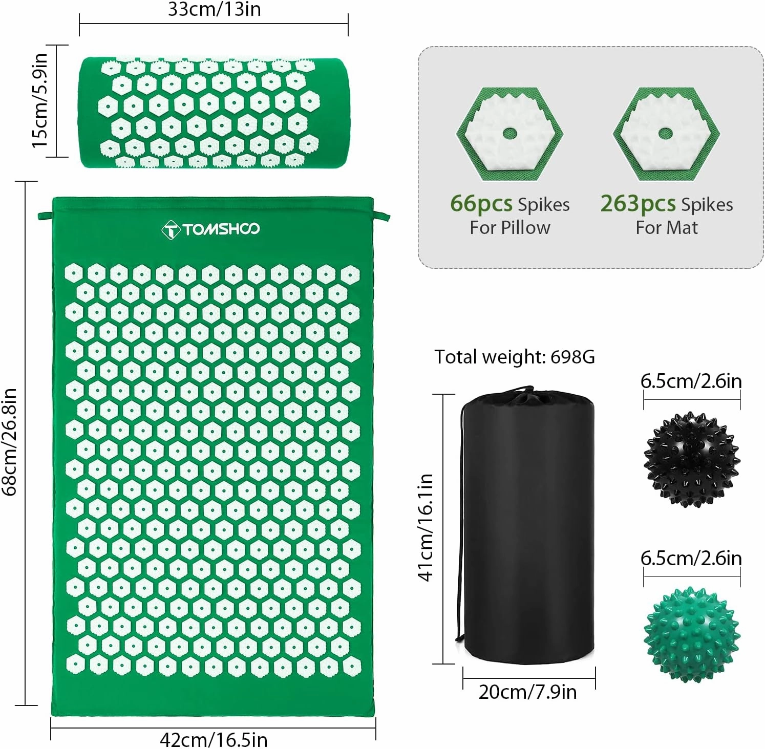 TOMSHOO Acupressure Set, Acupressure Mat and Pillow with 2pcs Massage Balls- Pain Relief Therapy Muscle Back Neck with Travel Bag for Men and Women