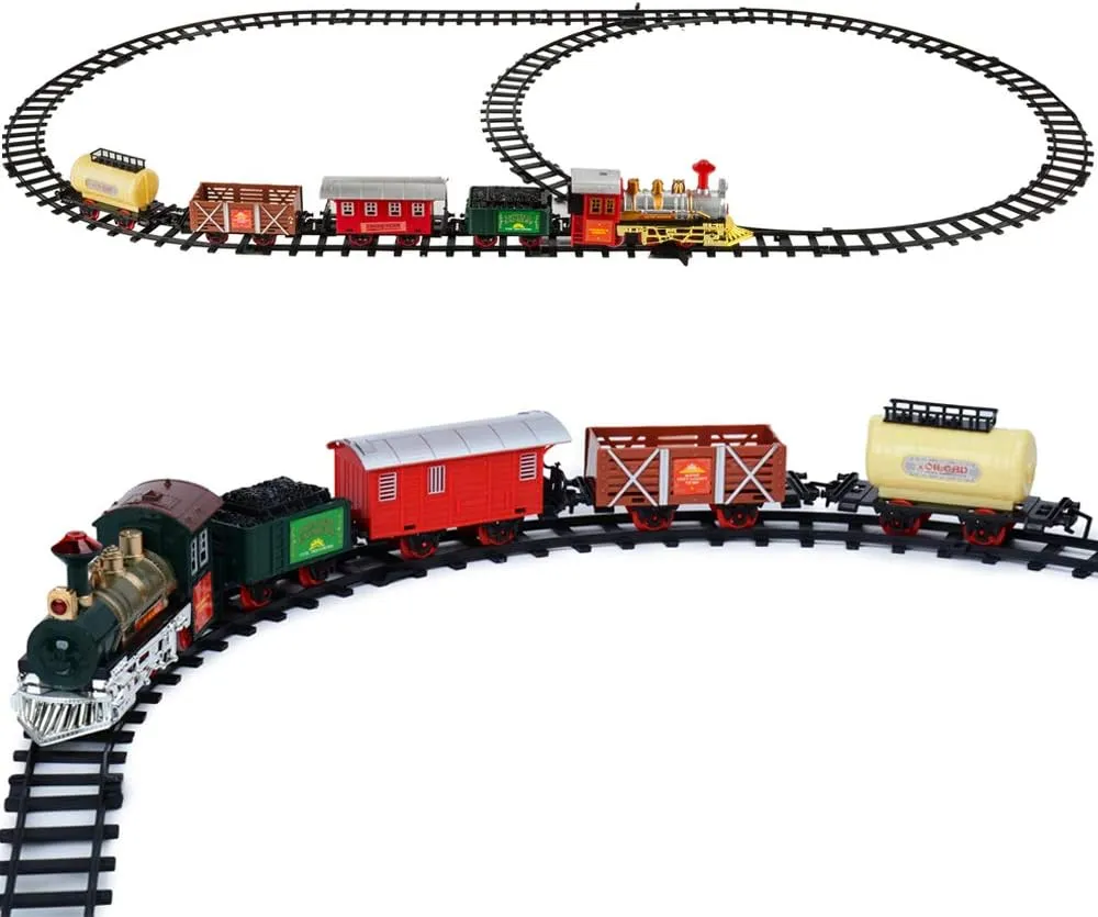 Toy Train Sets with Steam Locomotive Engine, Cargo Car, Passenger Car and Track