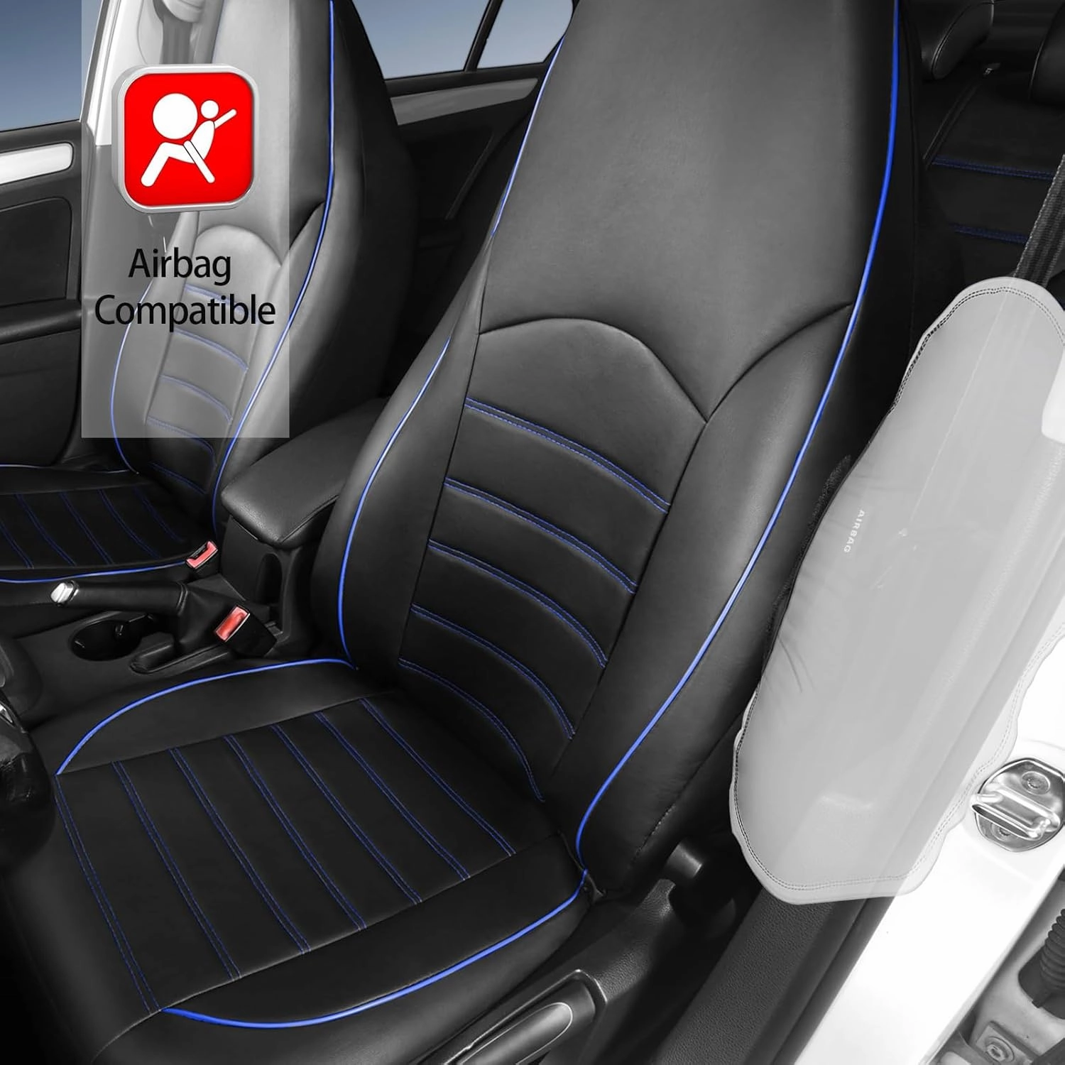 TOYOUN Classic Universal PU Leather Car Seat Covers Full Set Fit Most Cars Trucks SUVS or Vans Blue High Back Front Bucket and Rear Auto Seat Covers Set Car Seat Protector