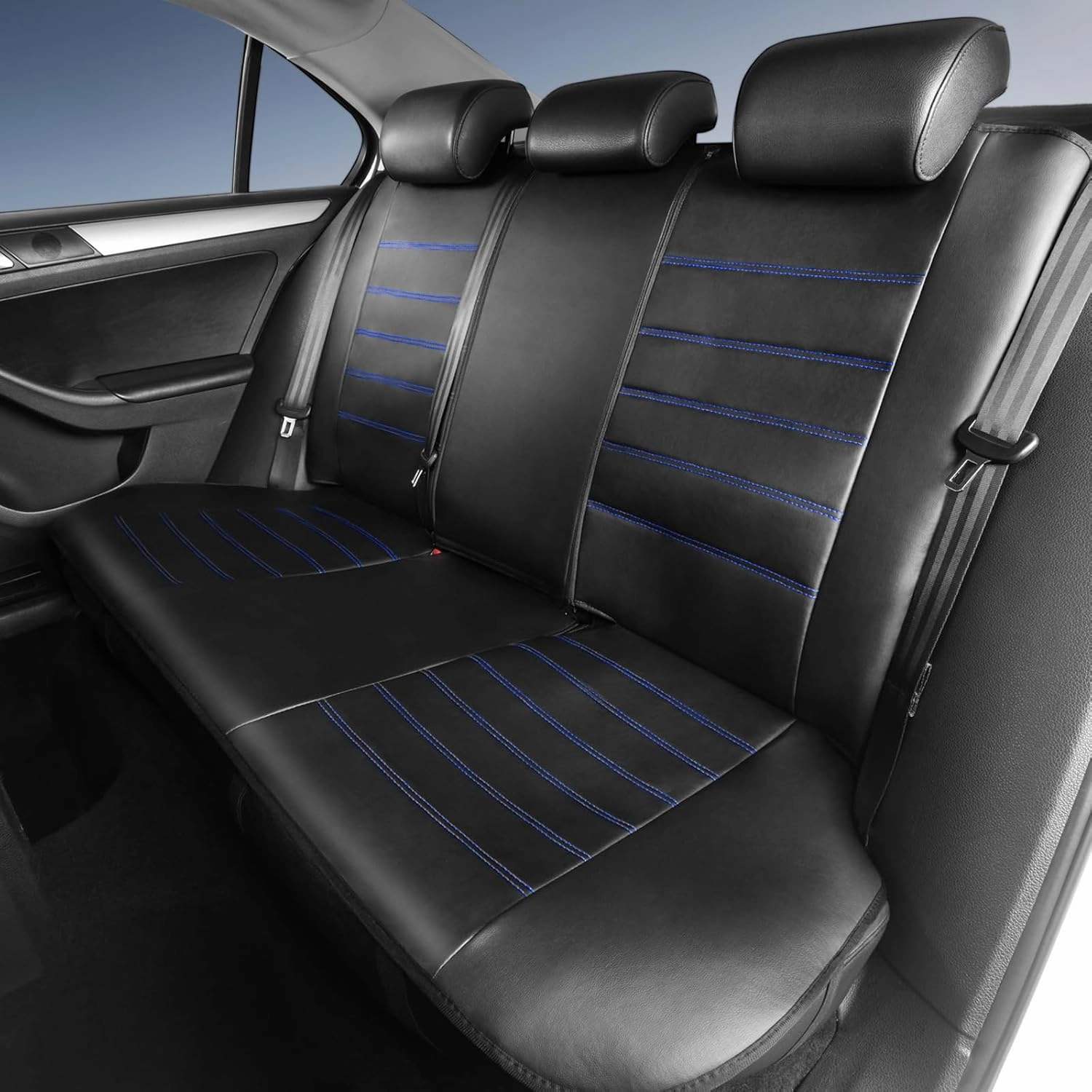 TOYOUN Classic Universal PU Leather Car Seat Covers Full Set Fit Most Cars Trucks SUVS or Vans Blue High Back Front Bucket and Rear Auto Seat Covers Set Car Seat Protector