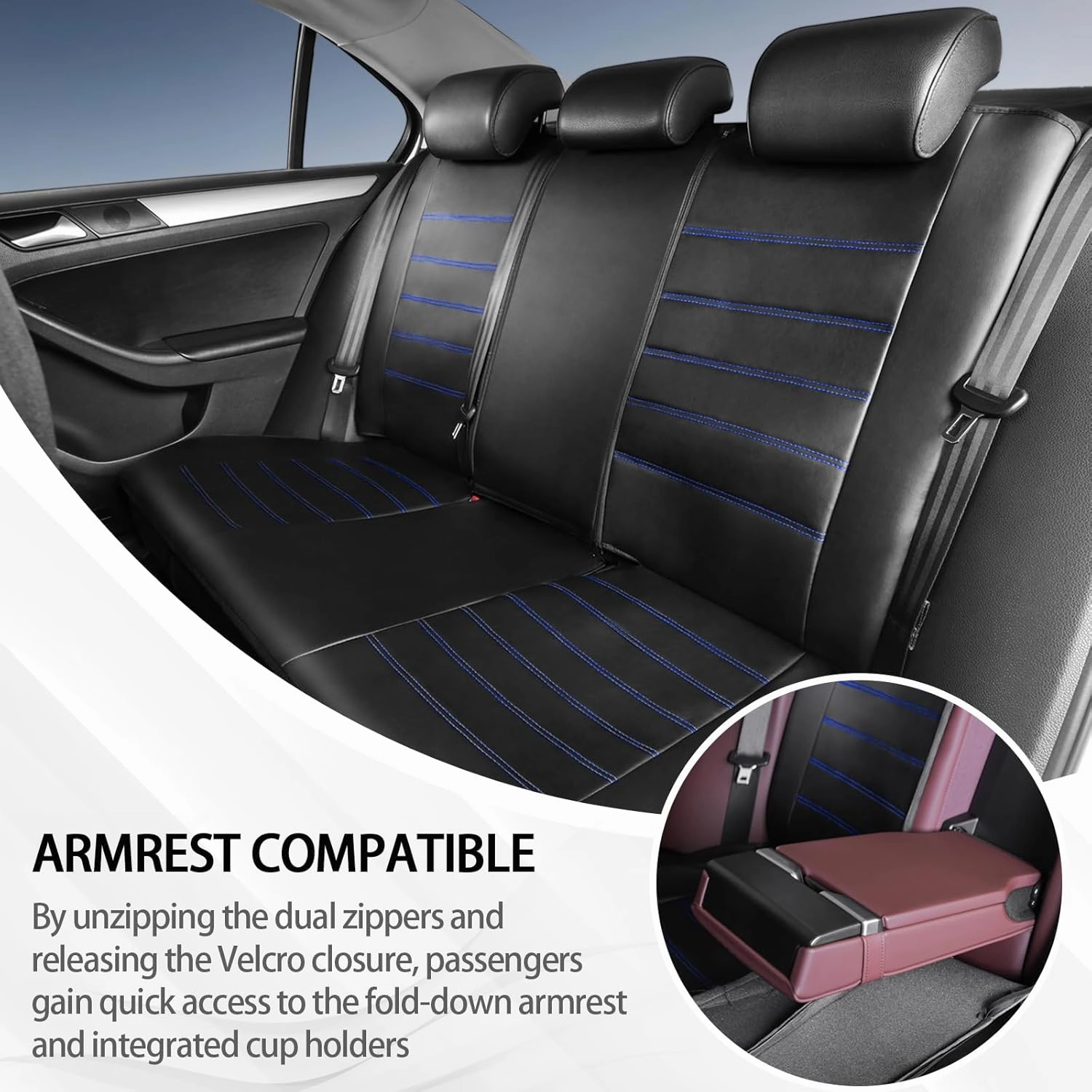 TOYOUN Classic Universal PU Leather Car Seat Covers Full Set Fit Most Cars Trucks SUVS or Vans Blue High Back Front Bucket and Rear Auto Seat Covers Set Car Seat Protector