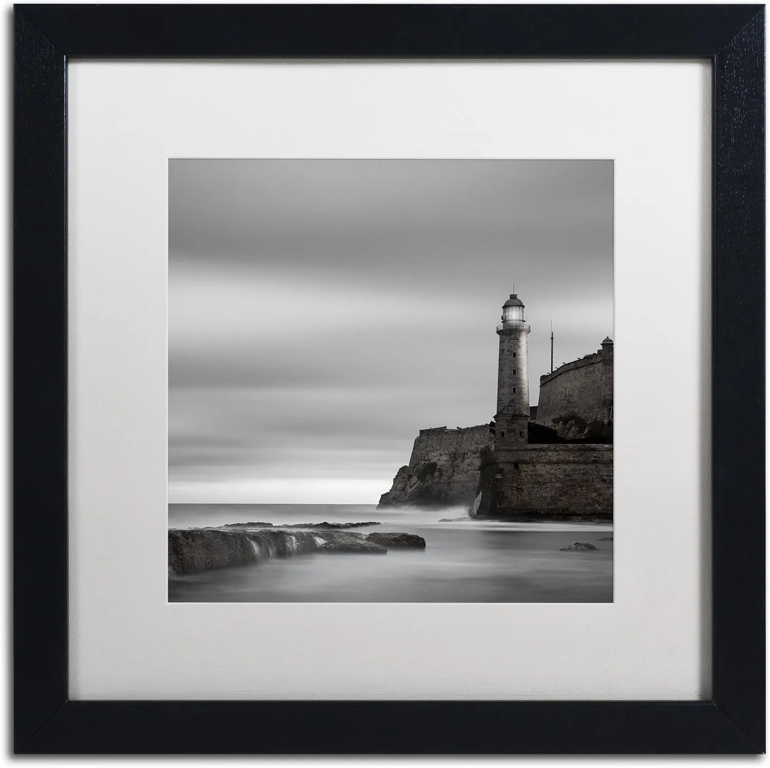 Trademark Fine Art Morro Lighthouse by Moises Levy in White Matte and Black Framed Artwork, 16 by 16"