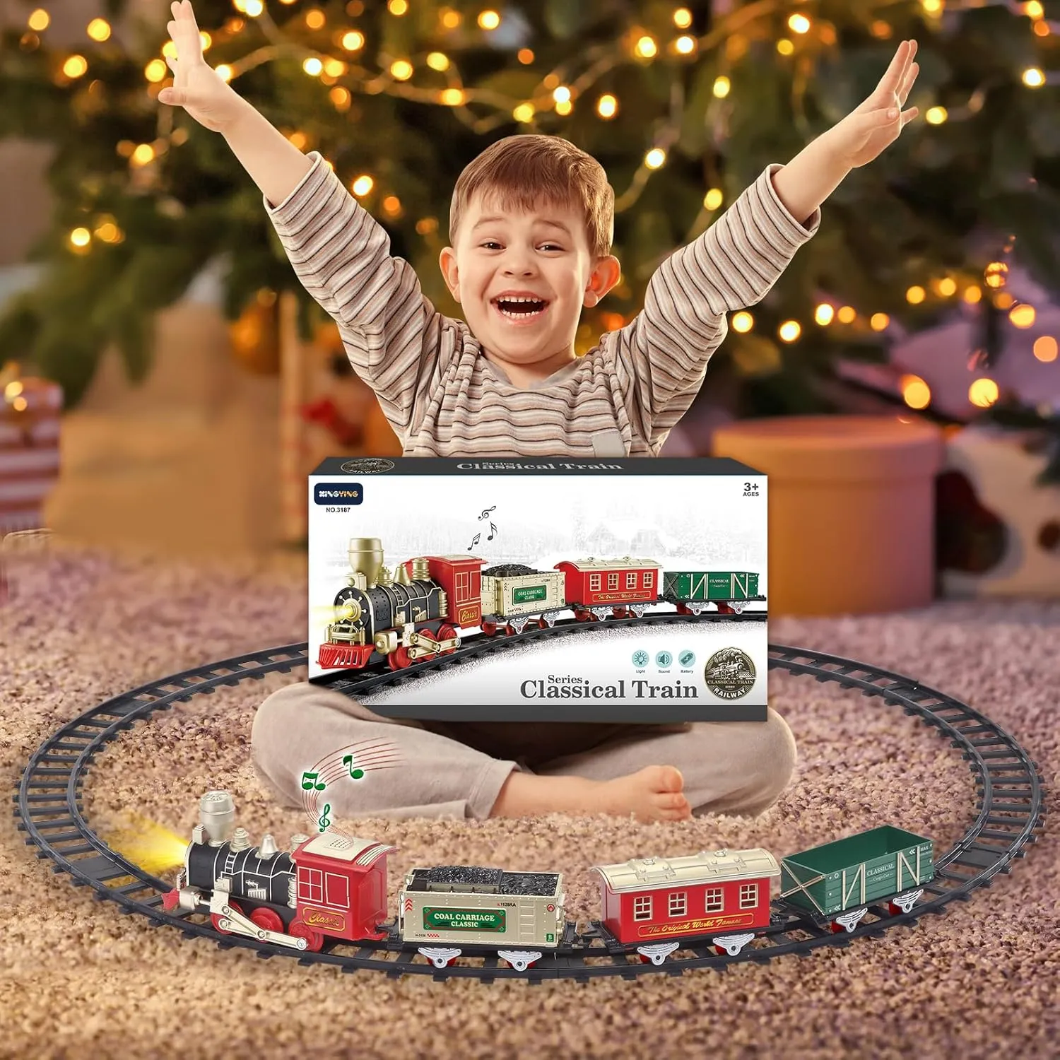 Train Set - Electric Train Set for Chrismas Tree with Light & Whistle - Christmas Train Sets for Around The Tree - Toy Train Set for Toddlers 2-4 - Train Toys Gifts for Kids Ages 3 4 5 6 7 8 