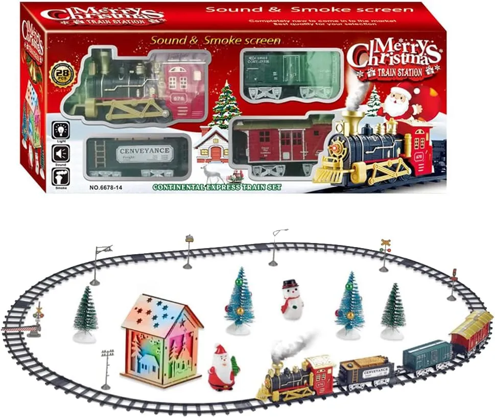 Train Set,3 Carriages Christmas Train Set Around & Under The Tree, Electric Train Set with Light & Sound, Battery Operated Classical Train Sets with Mini Christmas Accessories