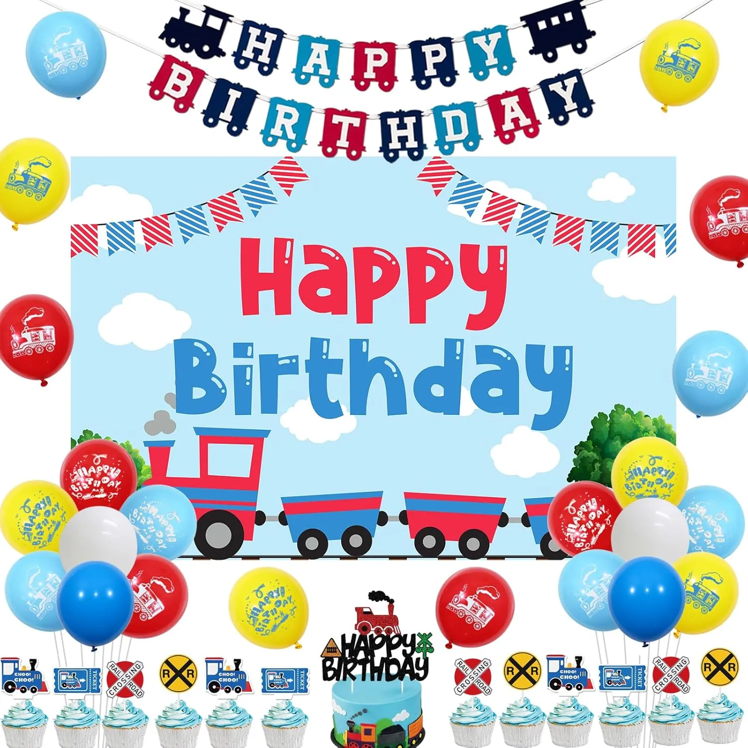 Train Theme Blue Birthday Decorations Transportation Birthday Party Supplies Train Happy Birthday Backdrop Banner Railroad Train Cupcake Toppers Red Blue Train Balloons Set for 2nd 3rd Boy