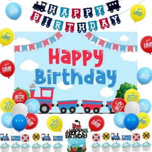 Train Theme Blue Birthday Decorations Transportation Birthday Party Supplies Train Happy Birthday Backdrop Banner Railroad Train Cupcake Toppers Red Blue Train Balloons Set for 2nd 3rd Boy