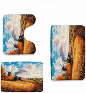 Train Bathroom Rug Set of 3,Vintage Steam Industrial Engine Locomotive Fall Forest Windmill Mountain Abstract Scenery Bath Mats Set for Bathroom, Washable Cover Floor Rug Decor