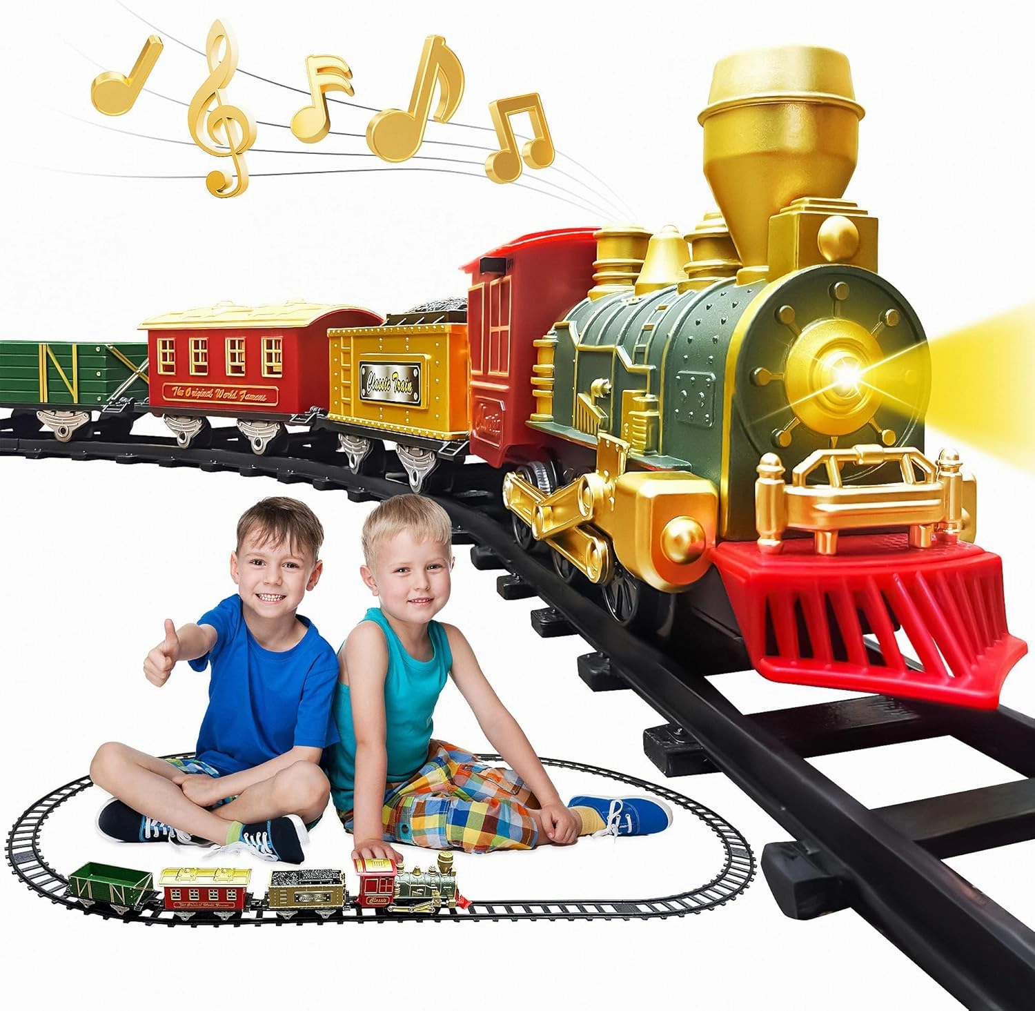 Train Set - Christmas Train Toys, Battery-Powered Locomotive Engine with Sound and Lights, Cargo Cars & 10 Tracks, Toy Train Sets for Boys Age 3 4 5 6