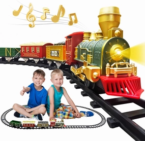Train Set - Christmas Train Toys, Battery-Powered Locomotive Engine with Sound and Lights, Cargo Cars & 10 Tracks, Toy Train Sets for Boys Age 3 4 5 6