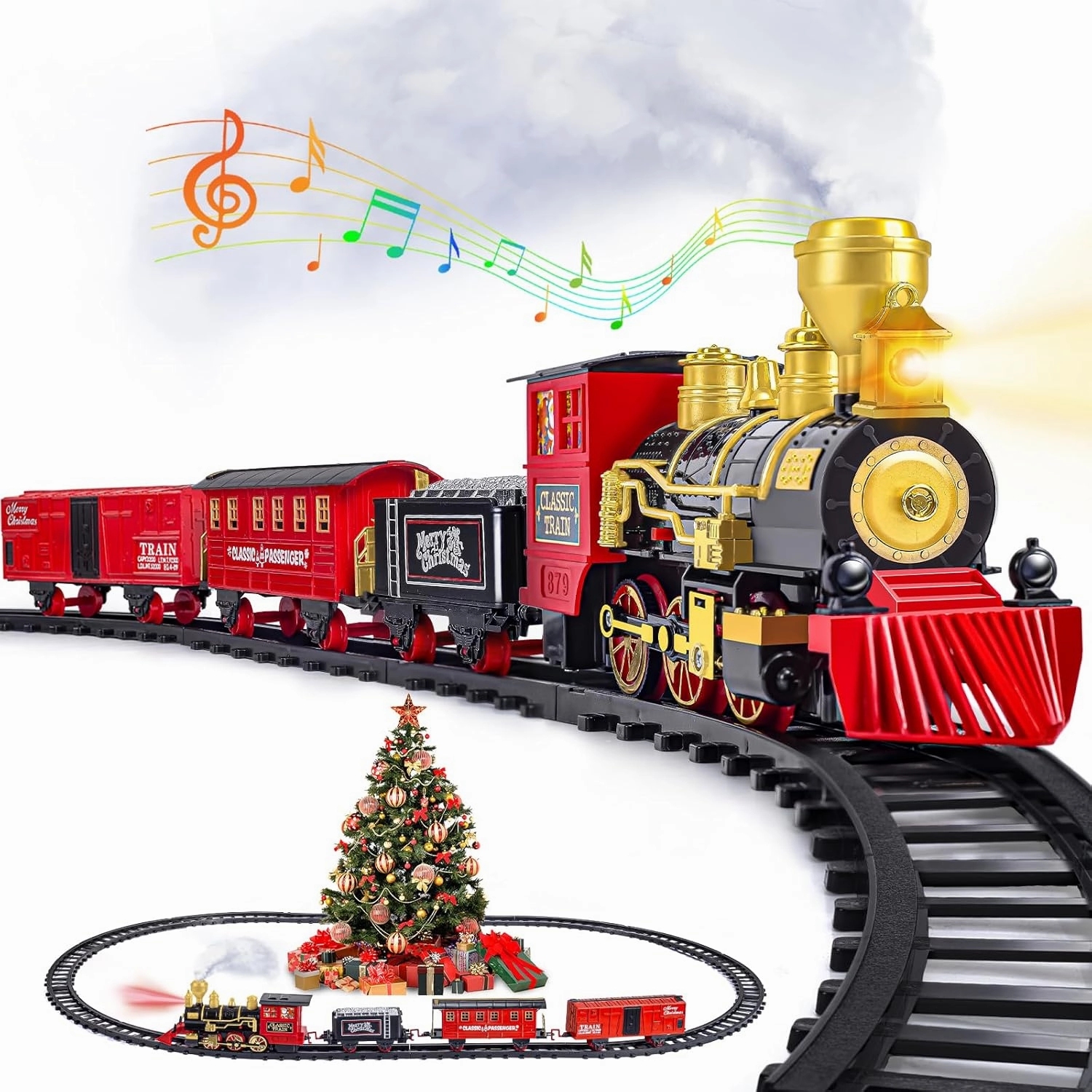 Train Set, Christmas Train Sets for Under The Tree, Electric Train Toy for Boys & Girls, Toy Train w/Steam Locomotive, Tracks, Lights & Sound, for 3 4 5 6 7 8  Year Old Kids