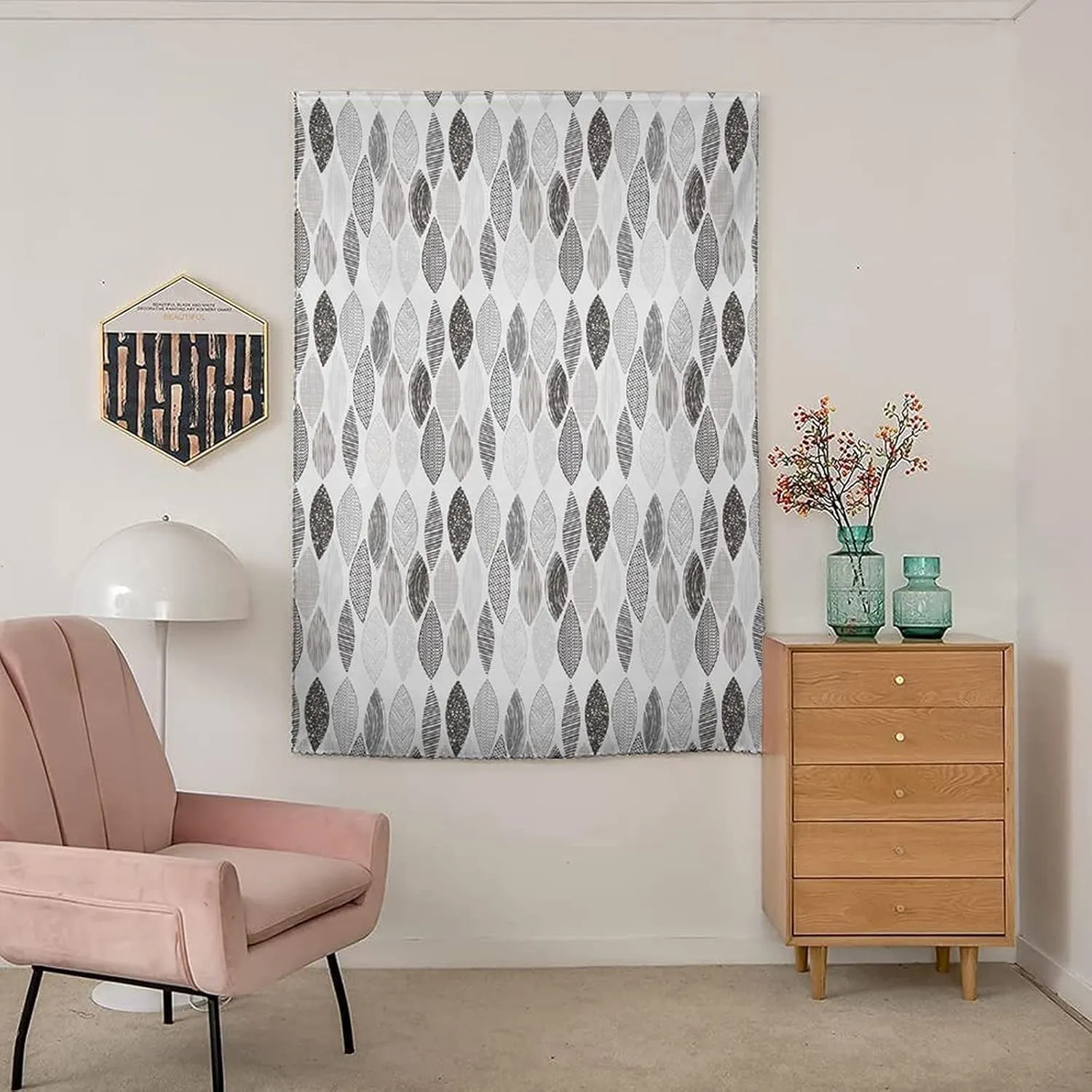 Travel Windows Blackout Curtain, Doodle Curtain Shades, Woodland Forest Pattern Abstract Leaves Sketch Print Adjustable Temporary Blackout Shades,35W x63L Inch, for Kitchen Bathroom Living Room