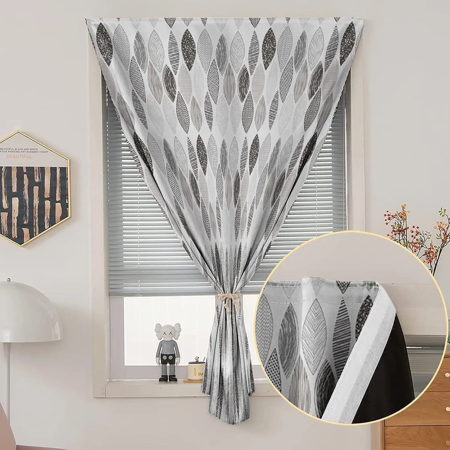Travel Windows Blackout Curtain, Doodle Curtain Shades, Woodland Forest Pattern Abstract Leaves Sketch Print Adjustable Temporary Blackout Shades,35W x63L Inch, for Kitchen Bathroom Living Room