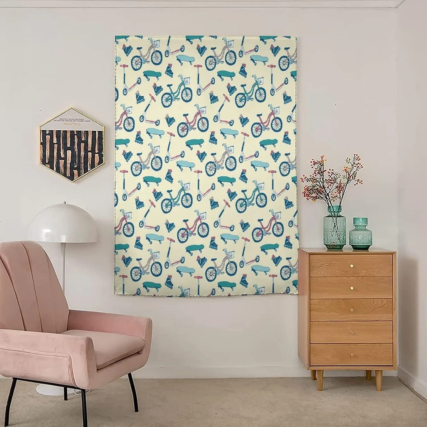 Travel Windows Blackout Curtain, Sport Curtain Shades, Bicycles Skates Boards Wheeled Physical Activity Equipment Print Adjustable Temporary Blackout Shades,59W x72L Inches, for Bathroom Bedroom