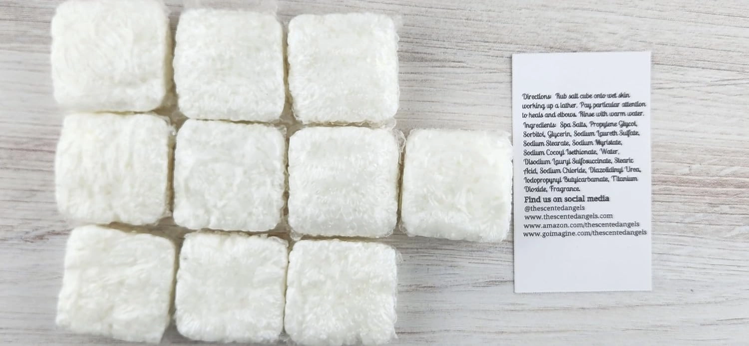 TSA Handmade Body Wash Exfoliating Salt Scrub Cubes, Vanilla Almond Fragrance, Spa, Skin Care, Moisturizer, Sensitive Dry Skin, Women, Teens, Men, Gift for Her, 10 cubes