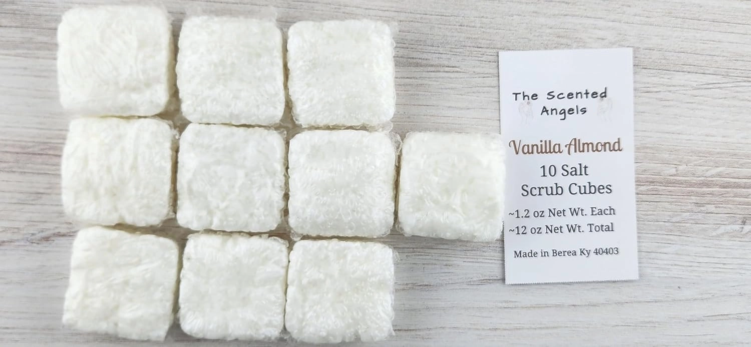 TSA Handmade Body Wash Exfoliating Salt Scrub Cubes, Vanilla Almond Fragrance, Spa, Skin Care, Moisturizer, Sensitive Dry Skin, Women, Teens, Men, Gift for Her, 10 cubes